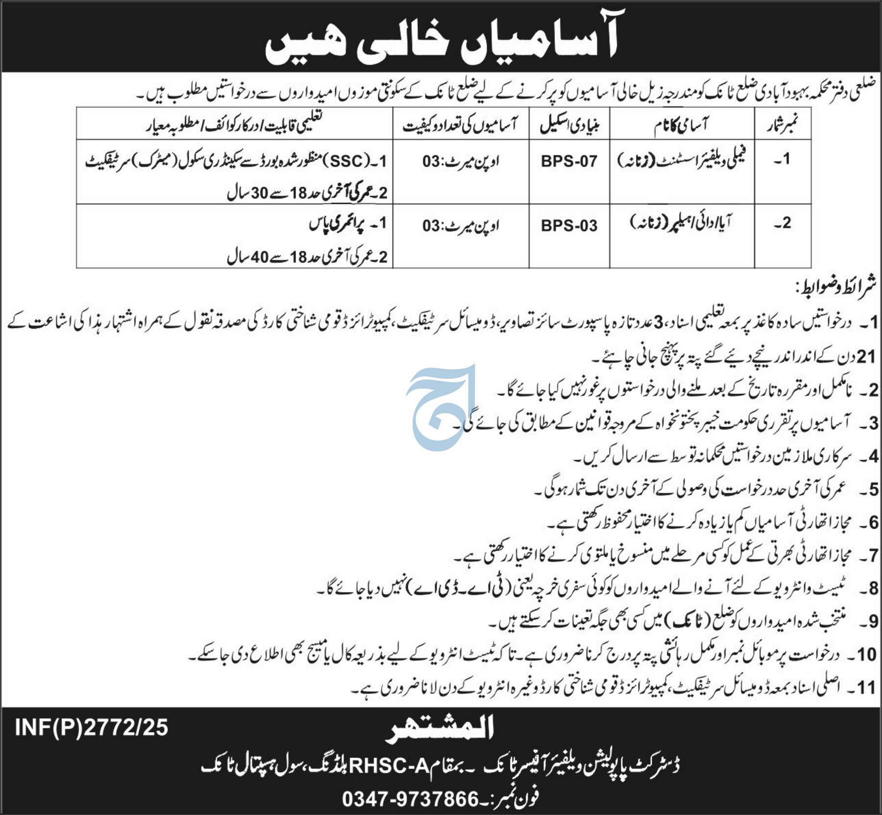Jobs in Social Welfare Department Tank